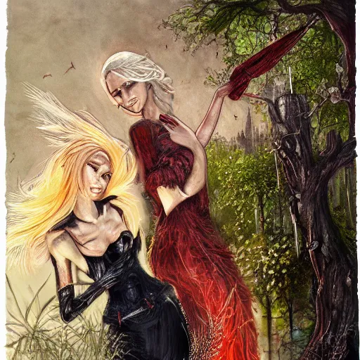 Prompt: blonde butch tomboy woman engineer standing beside taller dark fae feathered modest gothic woman, in a beautiful lush garden at night, falling in love, highly detailed, romantic, trending on art station, illustration, oil painting