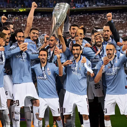 Image similar to sd compostela wins the champions league with borja iglesias captain lifting the cup at the santiago bernabeu stadium