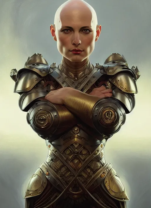 Image similar to Symmetry!! portrait of a bald woman, warrior in armour, muscular, fantasy, intricate, elegant, highly detailed, digital painting, artstation, concept art, smooth, sharp focus, illustration, art by artgerm and greg rutkowski and alphonse mucha