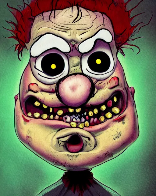 Prompt: portrait of an ugly old possessed crying clown in the style of justin roiland. ugly, creepy, demonic, horror. cinematic lighting. photographic, photography. by justin roiland