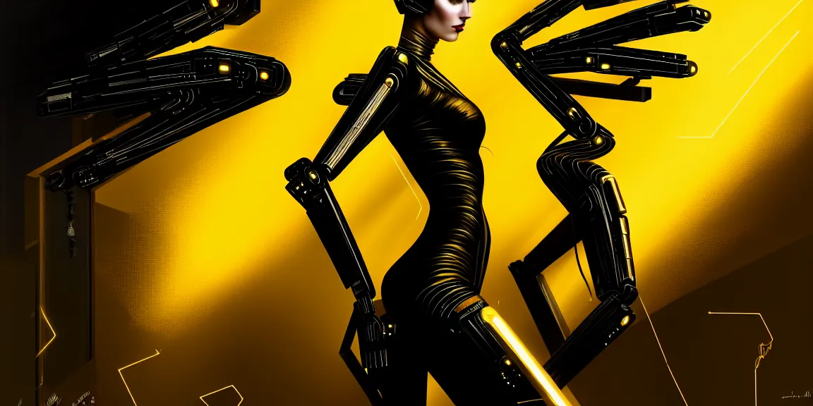 Image similar to beauty woman wrapped in black and gold, full pallet image, Blade runner artifacts, electronic case display, cyberpunk tech, ultrarealistic, futuristic, back lit, dramatic lighting, electrical details, high details, 4k, 8k, best, accurate, trending on artstation, artstation, photorealism, ultrarealistic, digital painting, style of Peter Mohrbacher, Caravaggio, Caravaggio, Boris Vallejo, Hajime Sorayama