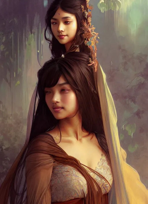 Image similar to cute brown woman wearing a transparent night gown and hanfu face veil, fantasy, intricate, highly detailed, digital painting, artstation, concept art, wallpaper, smooth, sharp focus, illustration, art by artgerm and greg rutkowski and alphonse mucha