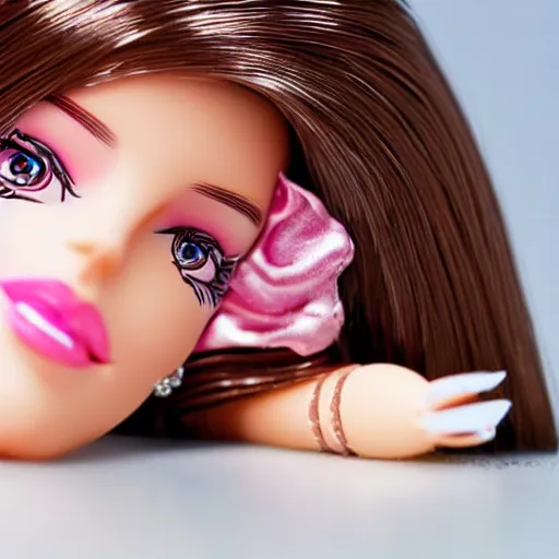 Prompt: a barbie doll with an exhausted!!!! expression sits at a desk in her home. the desk is overflowing with several large stacks of paper. her head is resting on her hand, photorealistic,