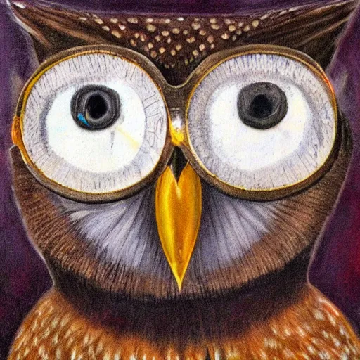 Prompt: a portrait of a stern owl wearing horn rimmed glasses.