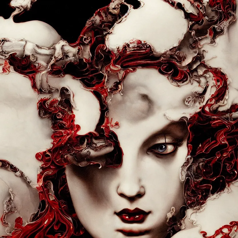 Image similar to a dark baroque close - up portrait of an ornate red and white porcelain being made out of white sci - fi vitrified translucent ceramic marble ; china. reflective detailed textures. gloomy black background. highly detailed fantasy science fiction painting by moebius, norman rockwell, frank frazetta, and syd mead. rich colors, high contrast. artstation