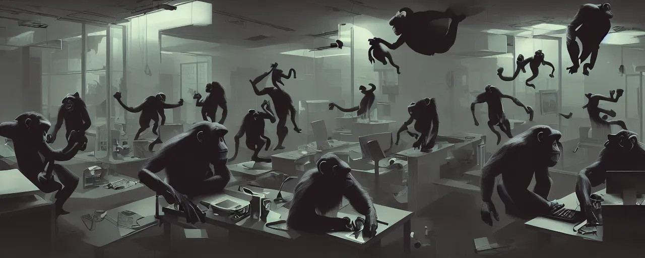 Image similar to duotone noir concept illustration of group wild and crazy chimps ruining inside of modern office computer rooms, octane render, concept hideo kojima surreal atmosphere, volumentric lighting. cosmic horror. accidental renaissance. by sachin teng and sergey kolesov and ruan jia and heng z. graffiti art, scifi, fantasy, hyper detailed. trending on artstation