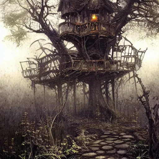 Image similar to dilapidated rotting treehouse, hidden away within the witchwood forest, evil fairies, overgrown, mist, detailed intricate ink illustration, dark atmosphere, detailed illustration, hd, 4k, digital art, overdetailed art, concept art, by greg rutkowski, by loish, complementing colors, Trending on artstation, deviantart