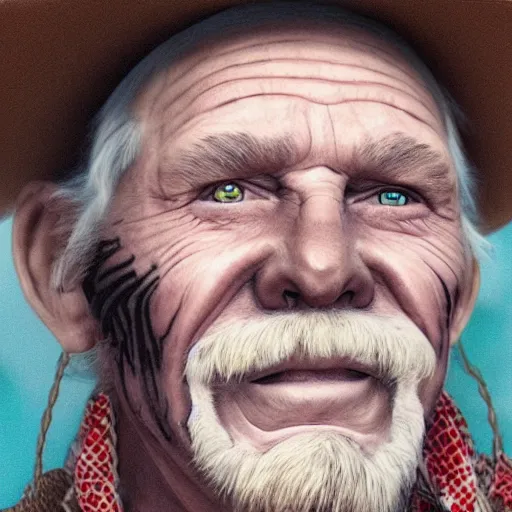 Prompt: elderly cowboy with facial tattoo, close up, portrait, hyper - realistic