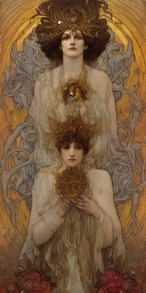 Image similar to portrait burning saint face, venus, athena, halo, by alphons mucha and annie swynnerton and jean delville, strong dramatic cinematic lighting, ornate headdress, flowing robes, spines, flowers, stars, lost civilizations, smooth, sharp focus, extremely detailed, marble, molten gold, space