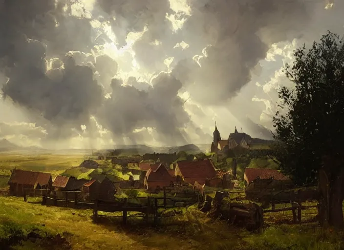 Prompt: oil painting of medieval village and old wooden church, stone walls, in dawn by anders zorn, wonderful art by greg rutkowski, incredible lighting, shadows, beautiful cinematic light, american romanticism by greg manchess, tall rocky mountains and storm clouds, sun rays, sunshine, bright sunny summer day