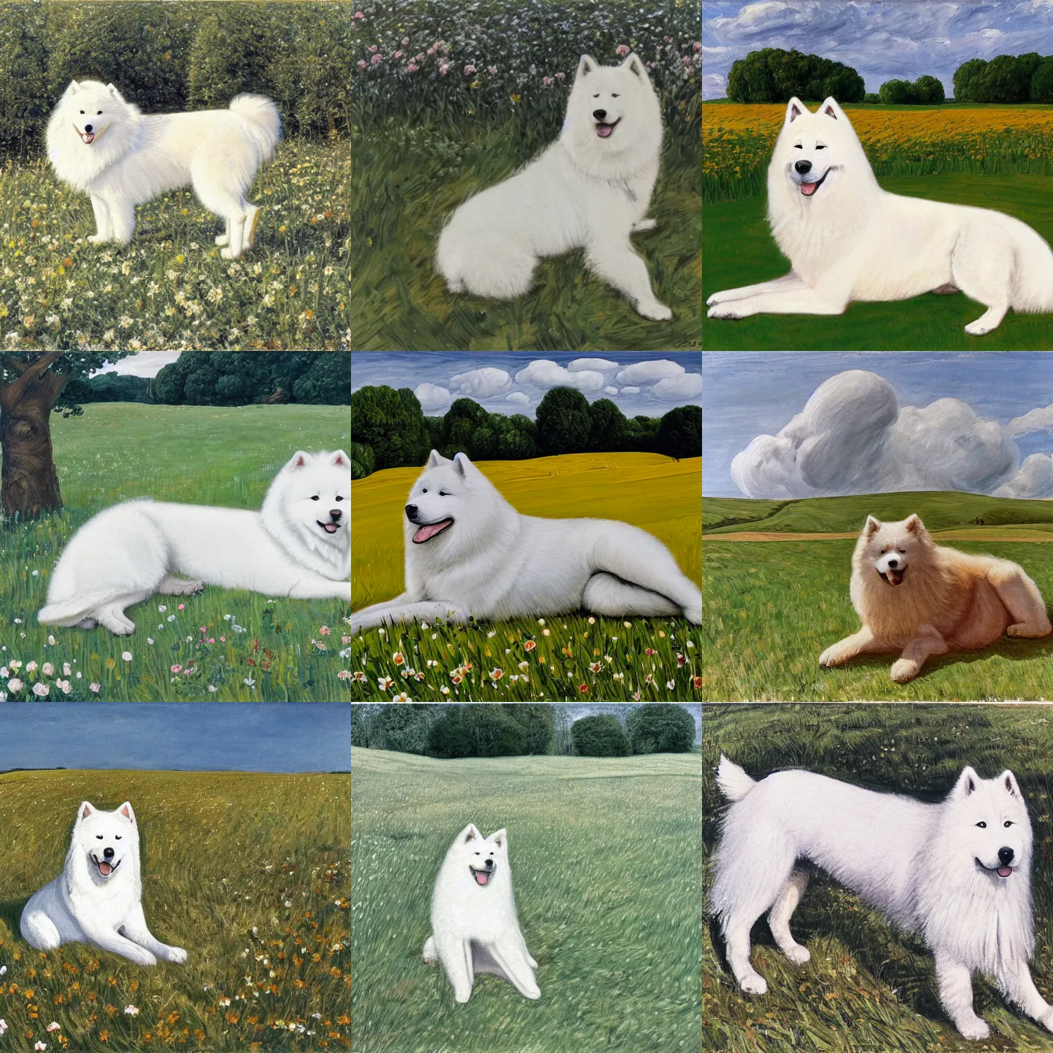 Prompt: a samoyed dog sitting in the middle of sunny meadow, by lucian freud