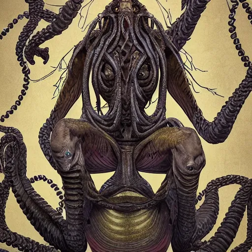 Image similar to ultra realistic digital art of cthulu embodied as a human woman with hundreds of men worshipping at her feet, 4 k