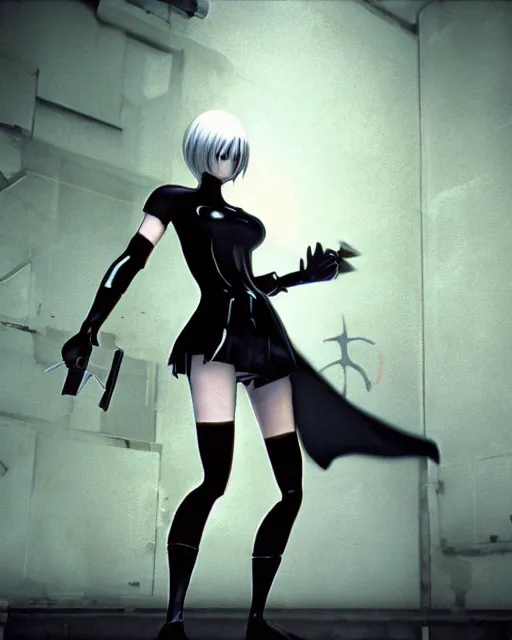 Prompt: film still 2 b nier automata from the video game half life ( 1 9 9 8 ). photographic, photography