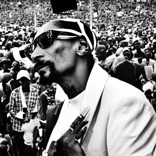 Image similar to vintage photograph of Snoop Dogg speaking at the Million Man March, Sigma 40mm, portrait, black and white