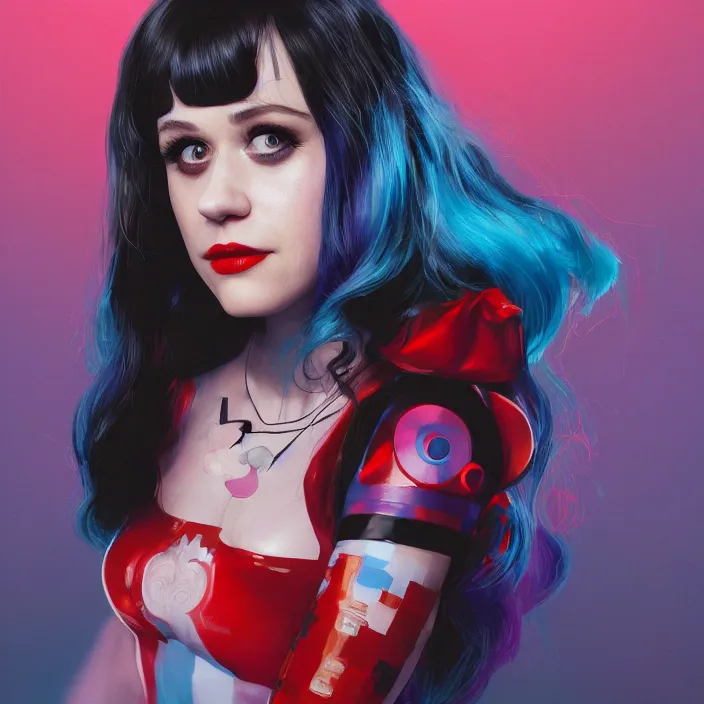 Image similar to portrait of Zooey Deschanel as a harley quinn. intricate abstract. intricate artwork. by Tooth Wu, wlop, beeple, dan mumford. octane render, trending on artstation, greg rutkowski very coherent symmetrical artwork. cinematic, hyper realism, high detail, octane render, 8k, iridescent accents