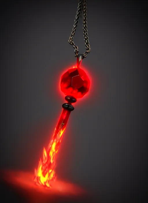 Prompt: rpg item, a black necklace with a red diamond pendant in flames, Unreal 5, DAZ, hyperrealistic, rpg style, octane render, dynamic lighting