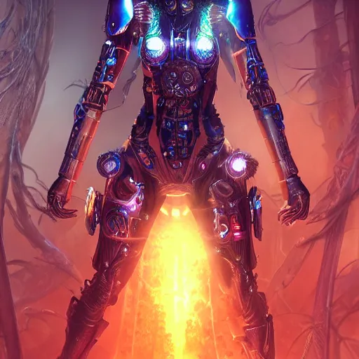 Prompt: mystical evil scifi cyborg android queen with obsidian eyes, wearing an elaborate medieval helmet, in a jungle of subsurface wax tendril leaves, volumetric lighting, realistic concept art, octane render, 8 k, unreal engine, art by todd mcfarlane and artgerm and greg rutkowski and alphonse mucha