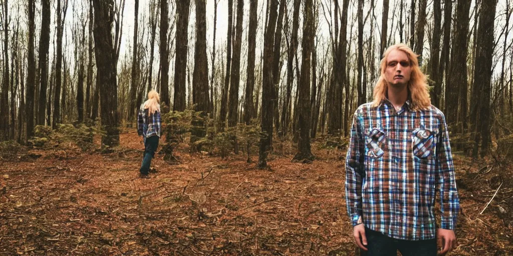 Image similar to tall!!! (((blond))) man wearing a flannel shirt in a forest, long wavy hair, long blond hair, blond, forest, trees, flannel shirt, lumbarjack, photo, low angle photo,