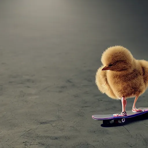 Image similar to fluffy chick riding skateboard, photorealistic