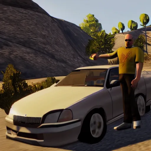 Prompt: a screenshot of walter white in grand theft auto
