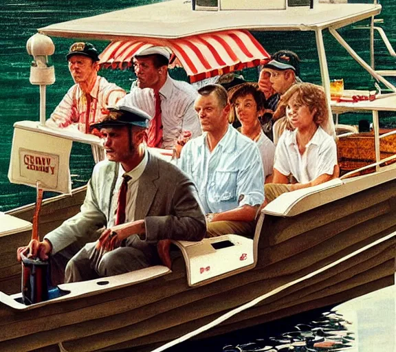 Image similar to Tom hanks as forrest gump sitting in a giant shrimp boat, majestic beautiful world, digital art, amazing detail, artstation, in the style of norman rockwell