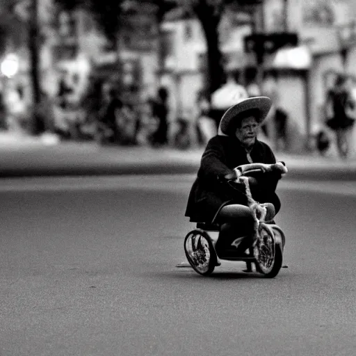 Image similar to queen elizabeth riding a tiny tricycle through a street riot, bokeh, high contrast, low angle