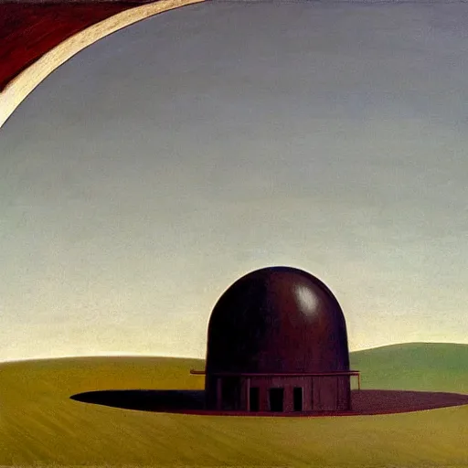 Prompt: giant mechanical eye being lowered through the roof of a dome - shaped control center, grant wood, pj crook, edward hopper, oil on canvas