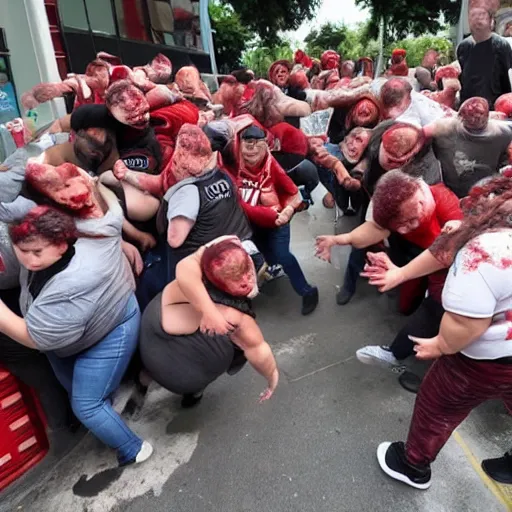 Prompt: a horde of obese zombies trying to get into a barricaded KFC.