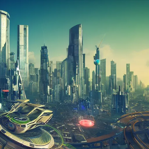 Prompt: A vibrant futuristic city with a spaceship hovering above it, utopia, science fiction, 3d rendering, volumetric lighting, extremely detailed, rich vibrant texture design, haute architecture, sharp focus, postprocessing, unreal engine, 8k UHD, in the style of Scott Robertson, trending on artstation