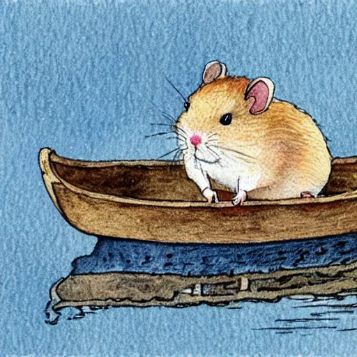 Prompt: a watercolor painting of a hamster in a boat by Beatrix Potter, behance, naive art, watercolor, storybook illustration, photoillustration