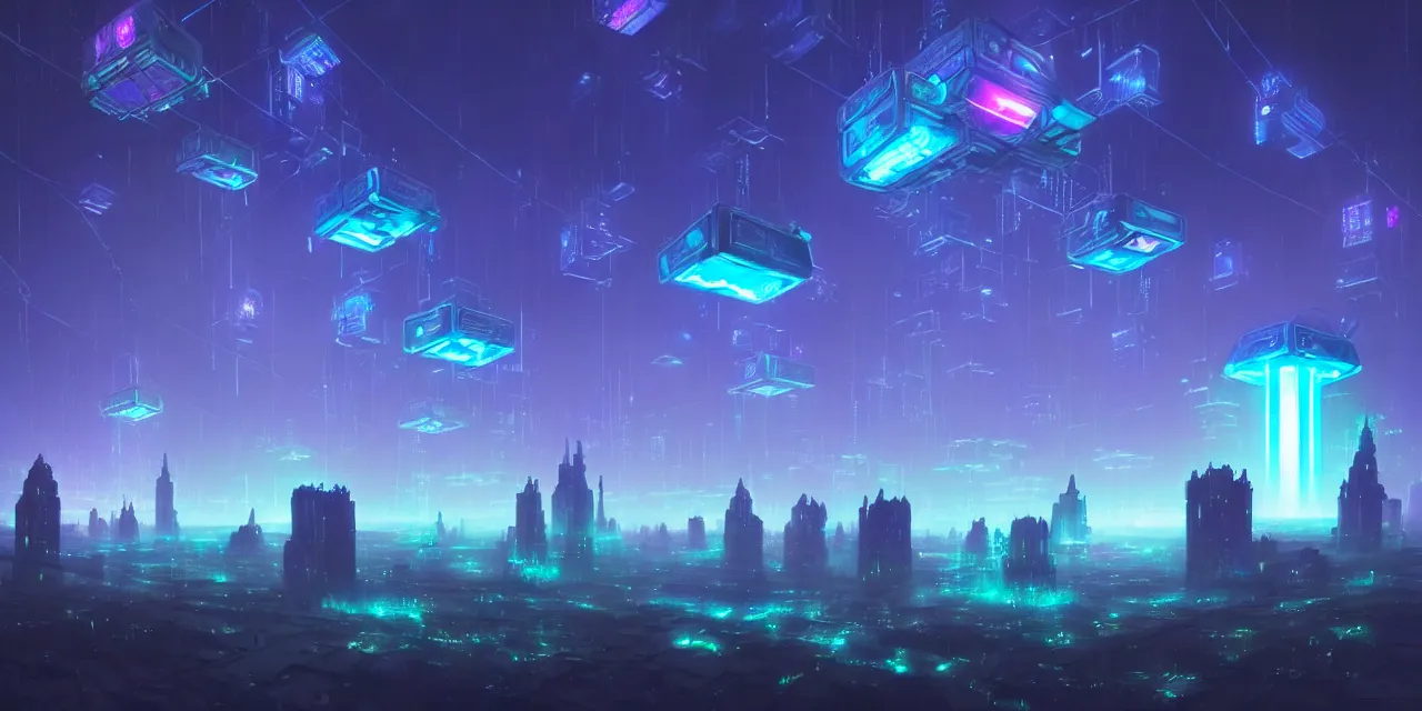 Prompt: a fleet of giant glowing futuristic cubes tied to each other with lots of glowing chains in the sky, thick glowing chains, light rays bouncing between cubes, a fantasy magical cyberpunk landscape seen in the distance, atmospheric lighting, intricate, volumetric lighting, beautiful, sharp focus, ultra detailed, in the art style of marc simonetti and lee madgwick, astrophotography