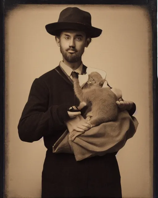 Image similar to gentlemen wearing a hat and wearing a baby sling on the back with a kitten in the sling, studio portrait, golden ratio, backlit