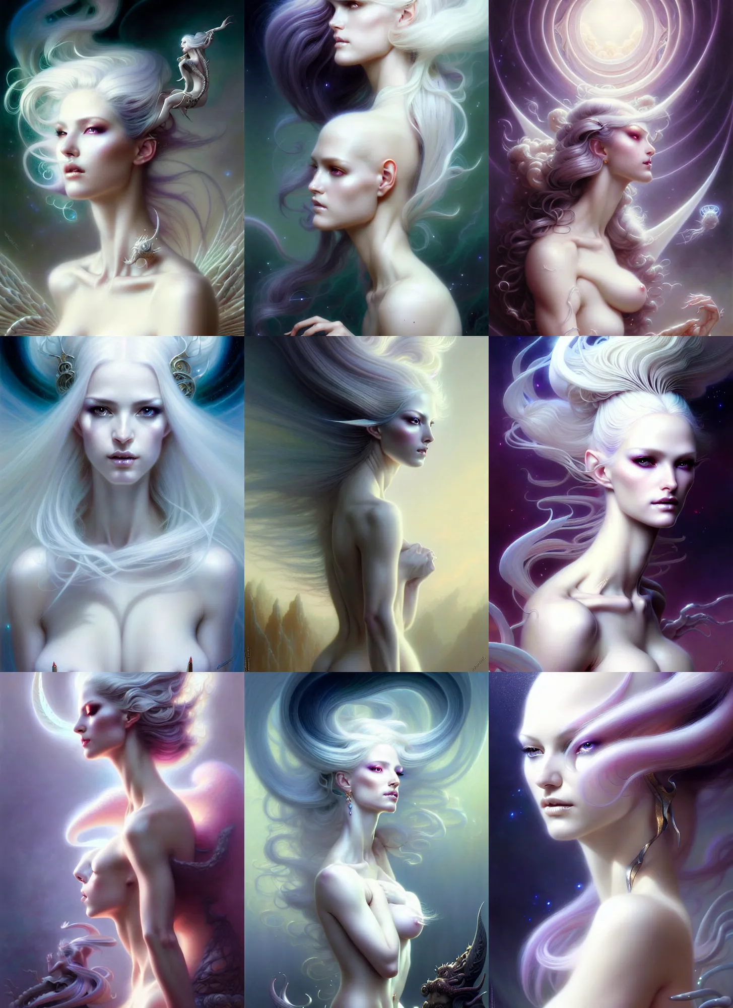 Prompt: beautiful sexy ethereal white woman fantasy character hair portrait, elegant hair, complex design hair, ultra realistic, wide angle, intricate details, fantasy artifacts, highly detailed by peter mohrbacher, hajime sorayama, wayne barlowe, boris vallejo, aaron horkey, gaston bussiere, craig mullins
