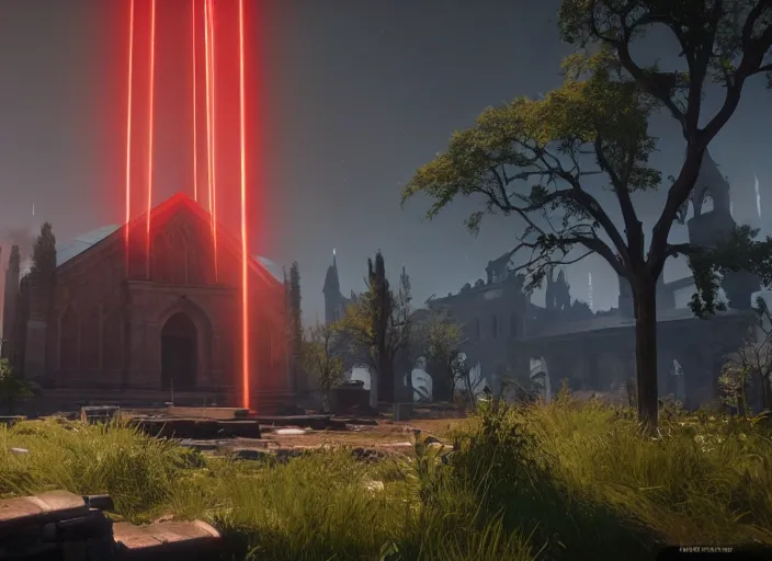 Image similar to ancient church with red shafts of light in destiny 2, foggy, liminal, dark, dystopian, beautiful architecture, abandoned, highly detailed 4 k 6 0 fps in - game destiny 2 gameplay screenshot leak