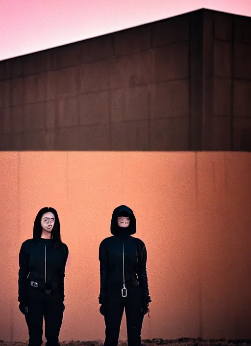 Image similar to cinestill 5 0 d photographic portrait of two loving female androids wearing rugged black techwear on a desolate plain with a red sky, extreme closeup, lizard on ground, cyberpunk style, in front of a brutalist dark metal facility, dust storm, 8 k, hd, high resolution, 3 5 mm, f / 3 2, ultra realistic faces