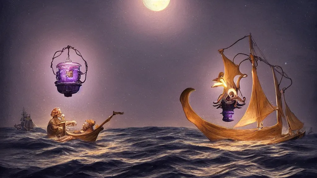 Prompt: a giant!!!! anglerfish!!!! at the surface of the water meets a lantern - holding!!!! sailor!!!! on a ( sloop ), ( background with large full moon and purple sky ), in the styles of tom coletti, jorge jacinto, and thomas veyrat intricate, accurate details