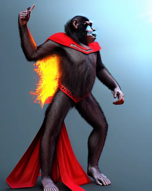 Image similar to fury art, an anthro chimpanzee wearing a large cape and a fantasy armor, ice, fiery background, 3 d, 8 k, extremely detailed, trending on furaffinity, trending on artstation, award winning, sharp focus, illustration