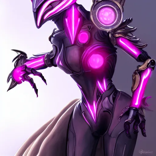 Image similar to highly detailed exquisite fanart, of a beautiful female warframe, but as an anthropomorphic elegant robot female dragoness, glowing eyes, shiny and smooth off-white plated armor, bright Fuchsia skin beneath the armor, sharp claws, robot dragon four fingered hands, and robot dragon three clawed feet, royal elegant pose, full body and head shot, epic cinematic shot, professional digital art, high end digital art, singular, realistic, DeviantArt, artstation, Furaffinity, 8k HD render, epic lighting, depth of field