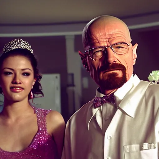 Image similar to Walter White at his quinceanera, cinematic shot, film still, wide shot