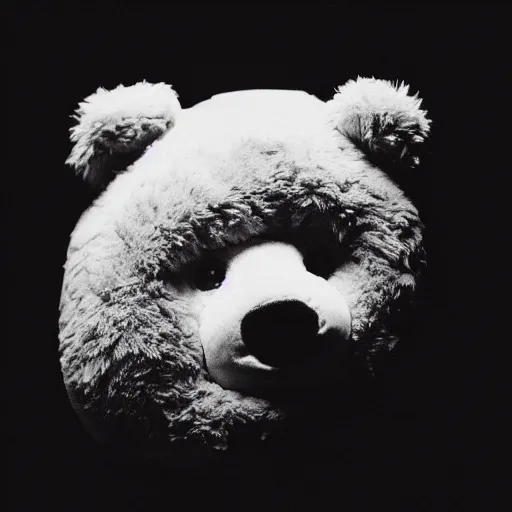 Image similar to a ( ( ( ( ( ( ( ( ( chiaroscuro lighting portrait ) ) ) ) ) ) ) ) ) ) of kanye west dressed as teddy bear mascot, black background, portrait by julia margaret cameron, shallow depth of field, 8 0 mm, f 1. 8