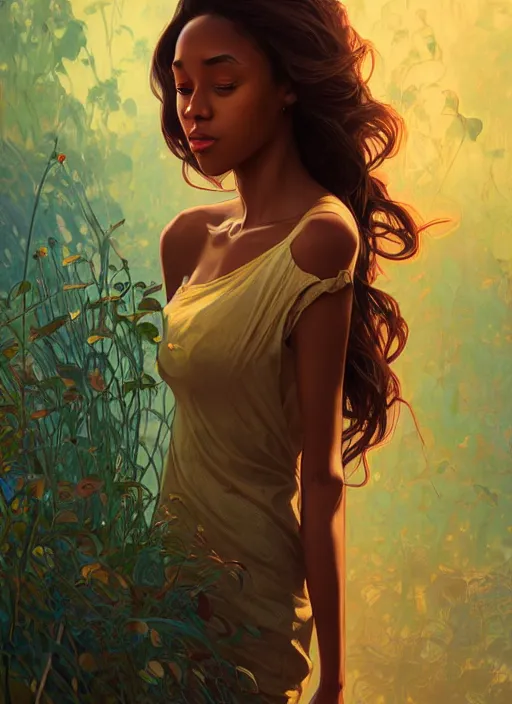 Image similar to handsome young black women with shoulder length brown hair, half body shot, path traced, highly detailed, high quality, digital painting, alena aenami, lilia alvarado, shinji aramaki, karol bak, alphonse mucha, tom bagshaw