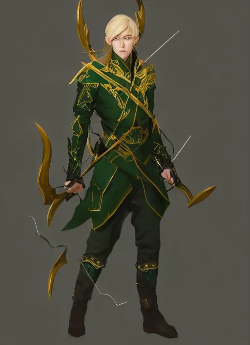 Image similar to Half-body of a handsome blonde elven ranger in green and gold jacket with a crossbow. In style of Hyung-tae Kim and Greg Rutkowski, concept art, trending on ArtStation, Korean MMORPG, over-detailed art, 4K, epic, dynamic lightning, dramatic pose.