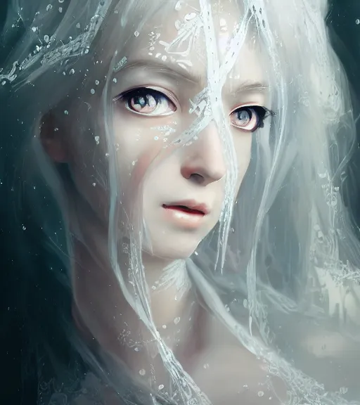 Image similar to Portrait of a white haired anime girl wearing a wet white lace nightgown, intricate, highly detailed, smooth, close-up, artstation, digital illustration by Ruan Jia