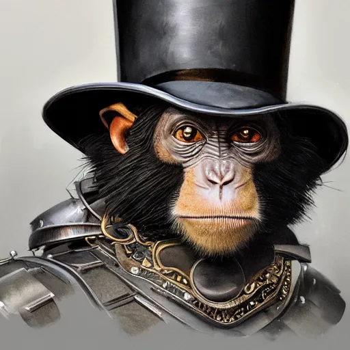 Image similar to photorealistic painting of a monkey with a top hat, partially clothed in metal-plated battle armor, symmetrical face, perfect eyes, intricate, elegant, digital painting, concept art, illustration, sharp focus, minimal artifacts, from Metal Gear, in the style of Ruan Jia and Mandy Jurgens, by Greg Rutkowski, trending on Artstation, award winning