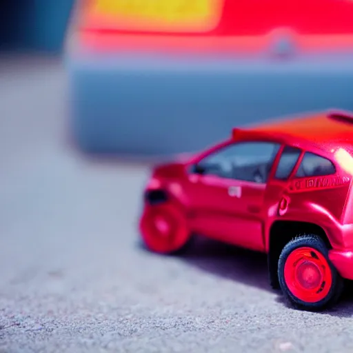 Image similar to 3 5 mm photo of metallic red aztek car like hot wheels model in area 5 1 as background