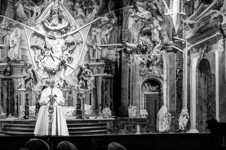 Prompt: photography group circle pope priest in an invoking ritual in front of a viscosity cthulhu within a lovecraft portal in a baroque intricate church