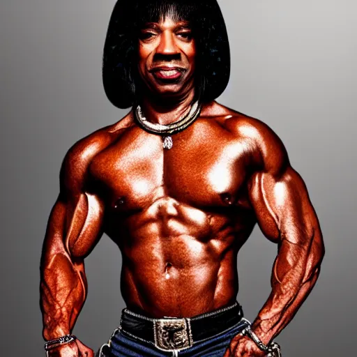 Image similar to Rick james with the physique of a body builder, hyper realistic, ultra detailed, cinematic, dynamic lighting, photorealistic, refined, intricate, digital art, digital painting, masterpiece, 8k