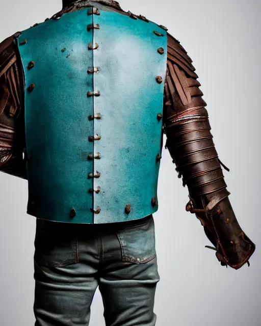 Image similar to an award - winning photo of a ancient male model wearing a simplified baggy teal distressed medieval designer menswear leather jacket slightly inspired by medieval armour, 4 k, studio lighting, wide angle lens