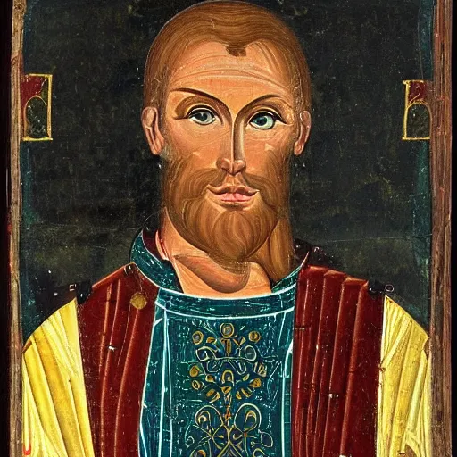 Image similar to A 11th century Italo-Byzantine painting of Jerma985, portrait of Jerma985, grainy, realistic, very realistic, hyperrealistic, highly detailed, very detailed, extremely detailed, very neat, very epic, very cool, detailed, trending on artstation