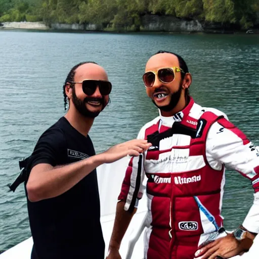 Image similar to character torrente and lewis hamilton on a boat